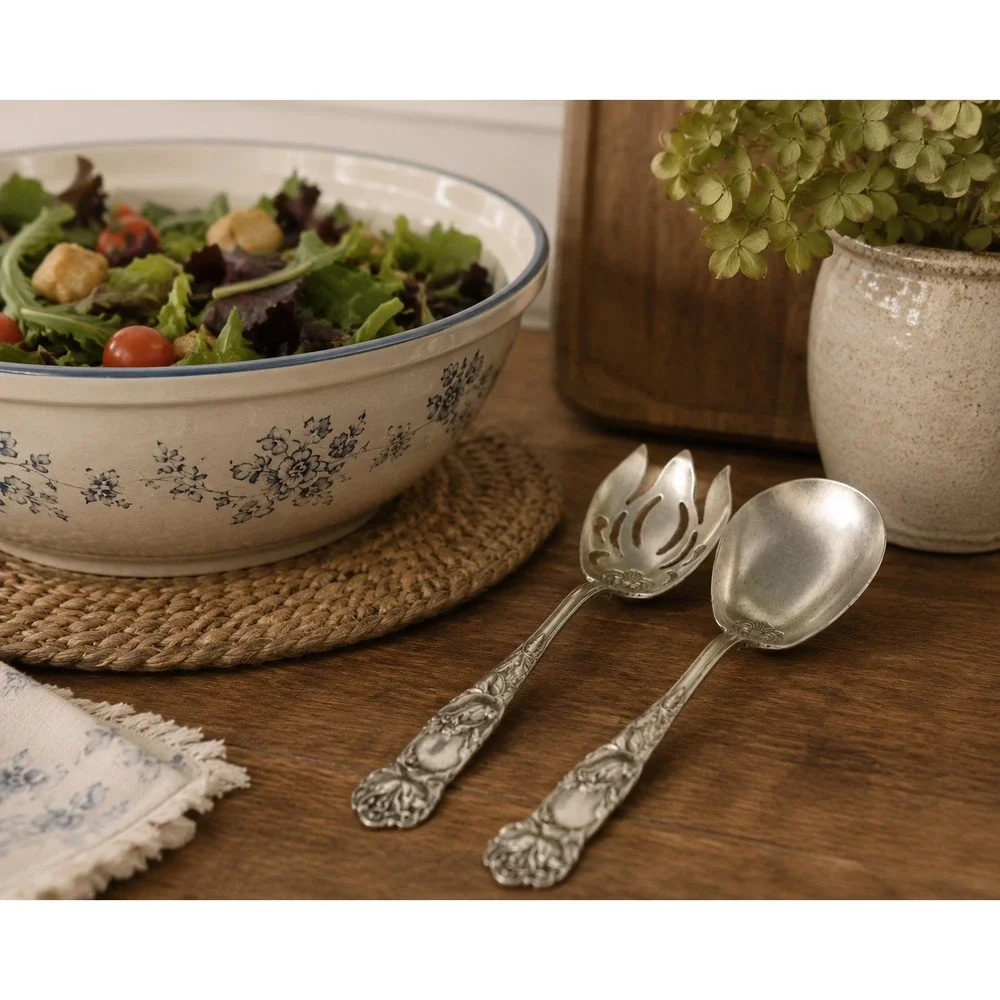 Vtg Italian Salad Serving Set Italy Silverplate Floral Serving Spoon Fork 9.5in